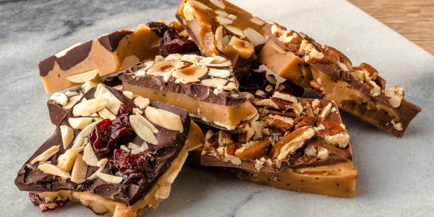 A closeup of a variety of Stella's Confectionery toffee squares