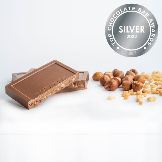 Stella's Confectionery Hazelnut Crisp Chocolate Square with Top Chocolate Bar Award Badge