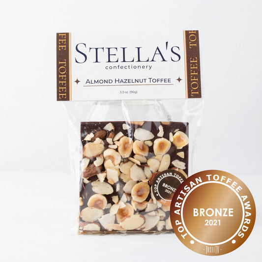 Stella's Confectionery Almond Hazelnut Toffee Square with Top Artisan Toffee Awards badge