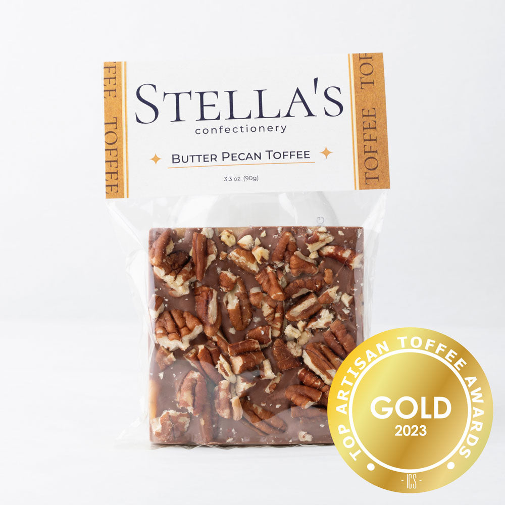 Stella's Confectionery Butter Pecan Toffee Square with Top Artisan Toffee Awards badge