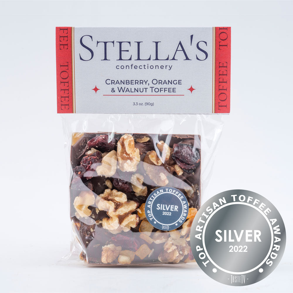 Stella's Confectionery Cranberry, Orange and Walnut Toffee Square with Top Artisan Toffee Awards badge