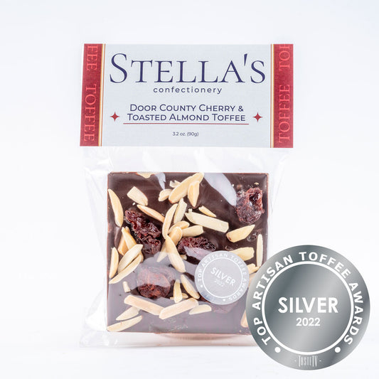 Stella's Confectionery Door County Cherry and Toasted Almond Toffee Square with Top Artisan Toffee Awards badge