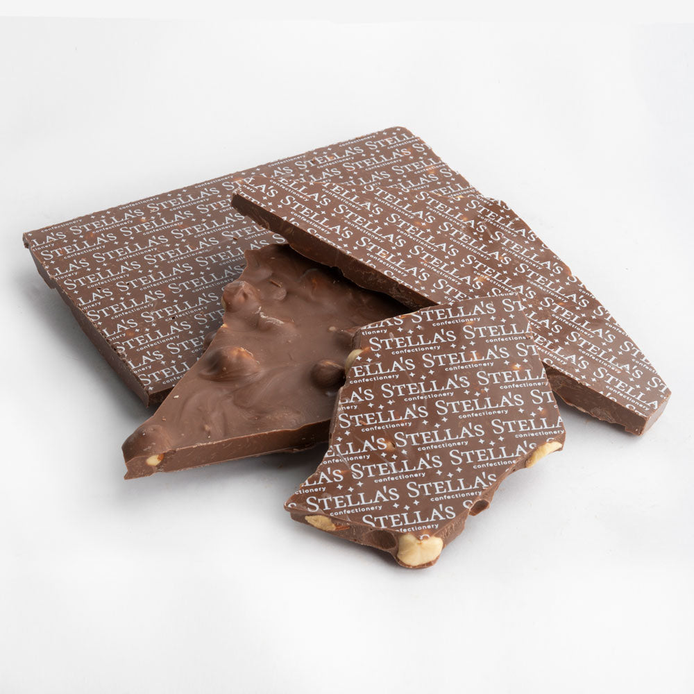 Milk chocolate bark with almonds and hazelnut, printed with Stella's Confectionery logo